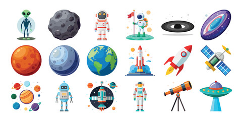 Space exploration cartoon icons set astronauts planets rockets galaxy