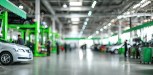 Obraz premium Blurred background of an auto repair shop with cars on the lift and a busy crew working in a green and white color scheme Generative AI