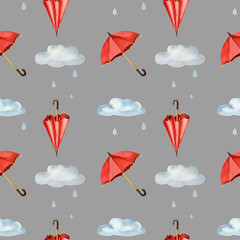 Beautiful autumn rainy seamless pattern on violet background. Red umbrellas and clouds. Rain