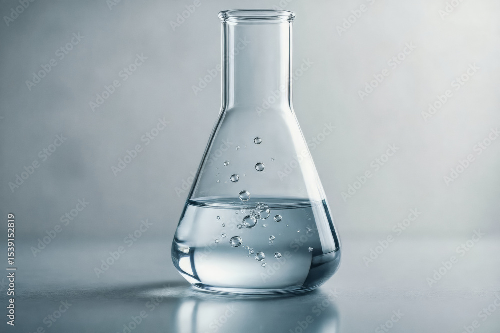 Poster a clear glass flask filled with water and bubbles sits on a reflective surface against a gradient gr