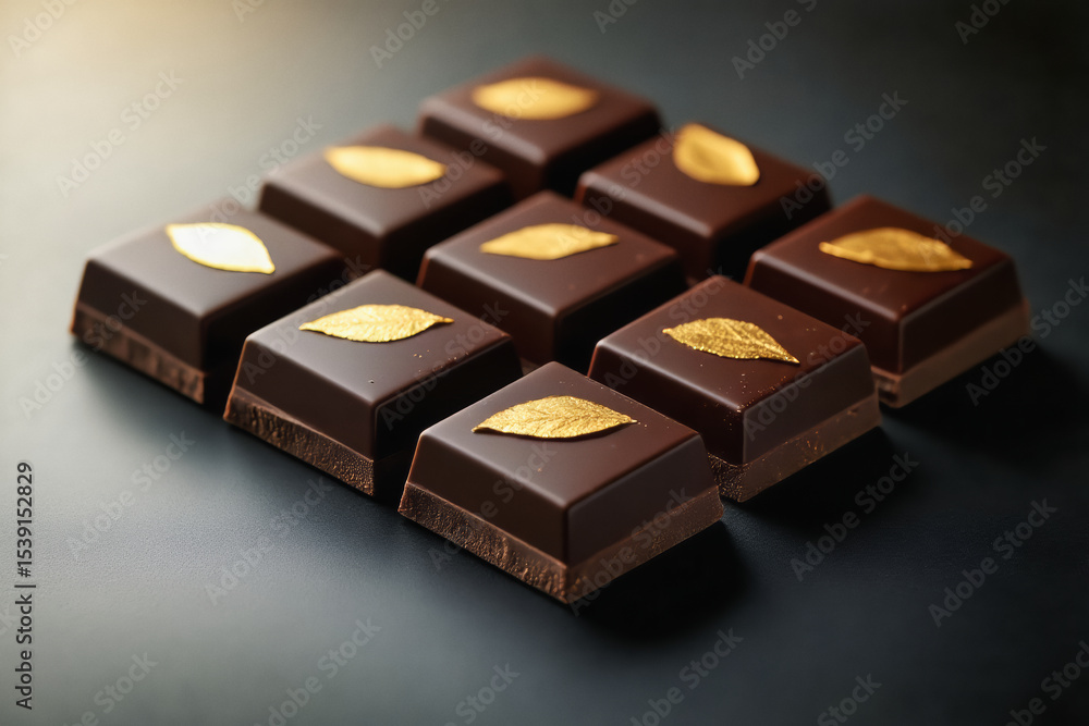 Poster an array of dark chocolate squares, each adorned with a shimmering gold leaf, are arranged on a dark