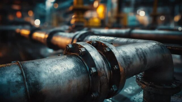 Camera Moving Forward Along Industrial Metal Pipes in Factory Setting, Warm Industrial Lighting with Blue and Orange Reflections, with Copy Space on the Right, seamless video loop for technology 