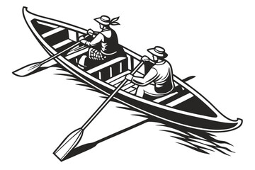 Fototapeta premium Monochromatic Illustration of Two Individuals Rowing a Boat on Water Creating Gentle Waves With Oars in a Detailed Design