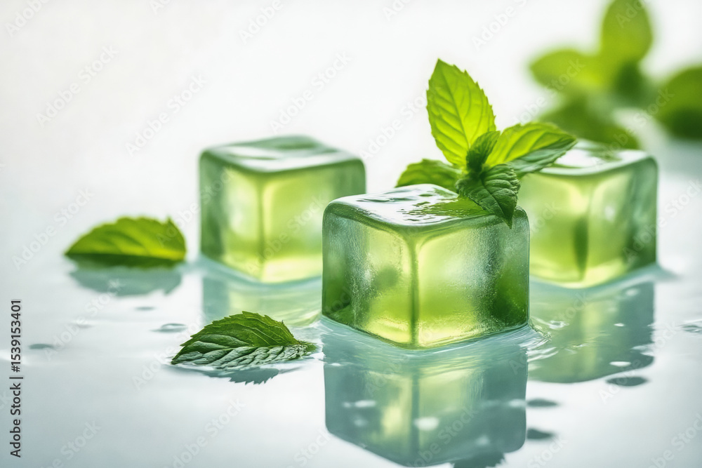 Poster green ice cubes with fresh mint leaves rest in a shallow pool of water, creating a refreshing and vi