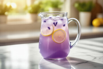 A glass pitcher filled with vibrant purple lemonade, garnished with lemon slices and lavender sprigs, sits on a marble countertop.