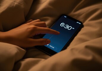 Hand Snoozing an Alarm on a Smartphone Early in the Morning a Concept for Waking Up Tired and Procrastination