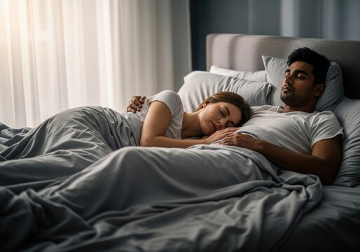 Young Couple Sleeping Peacefully Together in a Comfortable Bed at Night a Concept of Love and Intimacy - Powered by Adobe