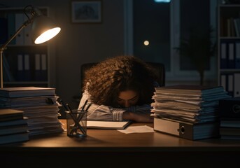 Exhausted Person Sleeping at a Desk Late at Night a Concept of Overwork Burnout and Study Fatigue