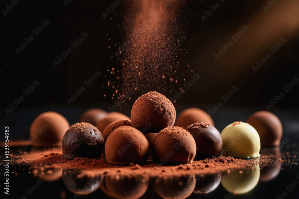 Poster chocolate truffles cascade over a dark surface, creating a luxurious display of cocoa powder and dec