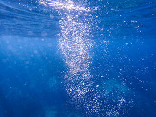 Bubbles under the sea in the crystal clear green sea water. Mediterranean sea bubbles, Air bubbles...