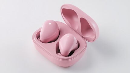 Pink earbuds in case on white background