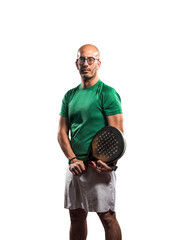 Padel player with racket on white background, photo for ads selling padel rackets, balls,...