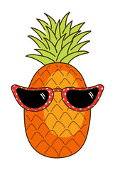 Pineapple with sunglasses hand drawn illustration, isolated vector. Line art style design. Summer clip art, seasonal element, print. Tropical fruit, exotic food, funny cartoon character, symbol