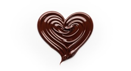 Top-down, direct shot of a glossy heart shape formed by melted dark chocolate on a white surface. Ideal for themes of love, romance, and gourmet treats.