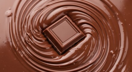 Rich, smooth melted chocolate with a perfectly placed piece, highlighting texture and deliciousness. Ideal for food, baking, and sweet cravings.