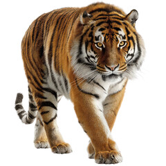 Majestic bengal tiger stalking towards the viewer isolated on a clean black background