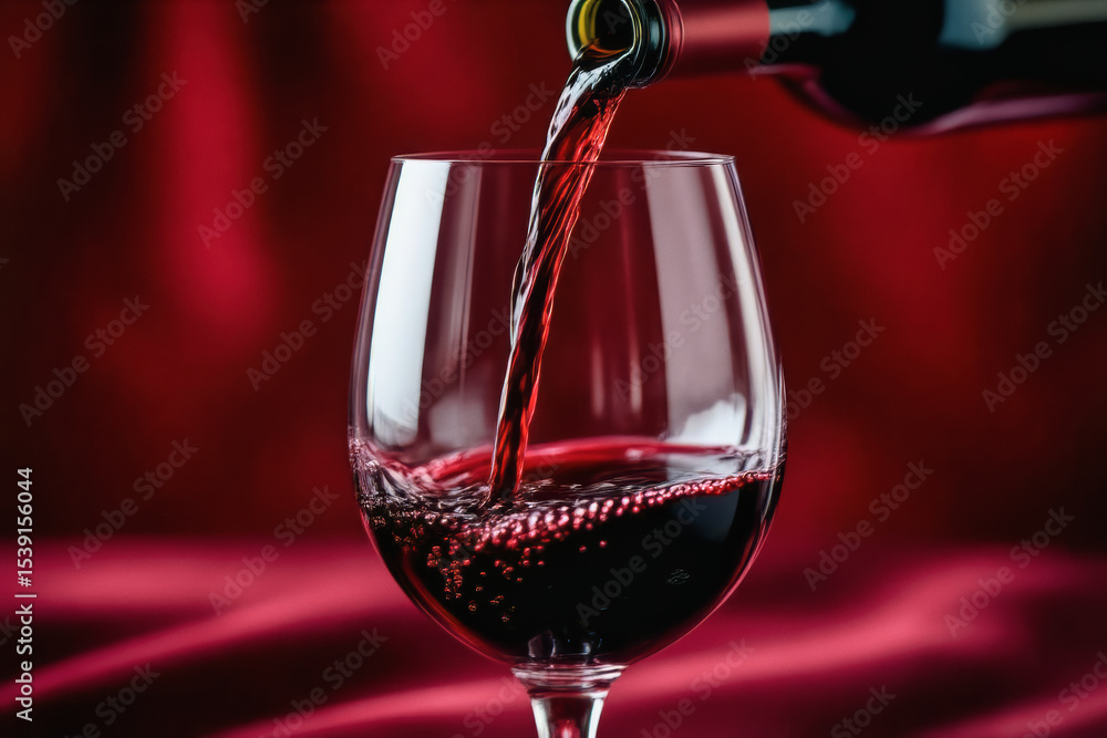Poster a stream of red wine pours into a clear wine glass, creating a visually appealing cascade against a 