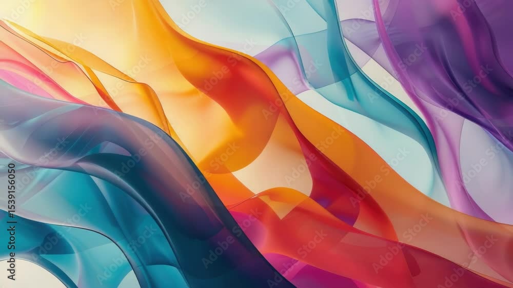 Poster colorful digital art of flowing lines and curves forming a dynamic wave pattern, suitable for use as
