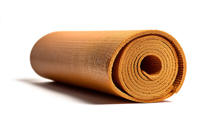 Close up shot of a rolled up orange yoga mat on a white background in a studio setting for exercise