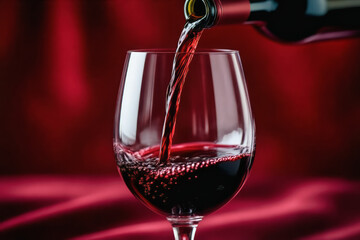 A stream of red wine pours into a clear wine glass, creating a visually appealing cascade against a deep red background.