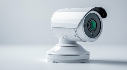 Round CCTV camera with antennas shoots video on the white wall. Digital equipment to record and broadcast real time video closeup