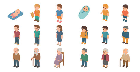 Family and generations isometric icons set – pixel art, people, diverse age groups