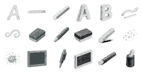 Chalkboard teaching linear icons set – school, education, writing tool representations