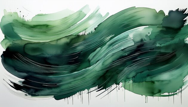 different brush strokes watercolor in dark green paint on a white background showcasing various textures and techniques illustration