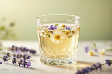 A refreshing beverage in a faceted glass, adorned with delicate flowers and sprigs of lavender, sits on a marble surface, evoking a sense of tranquility and natural beauty.