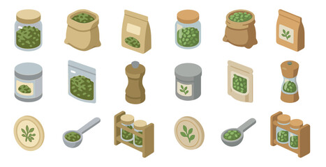 Herbal products isometric icons set – line, outline, natural and organic symbols