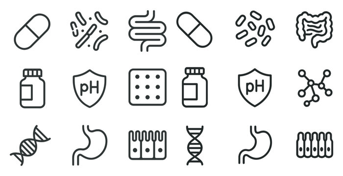 Probiotics and gut health icons set &ndash; outline, linear, digestive symbols