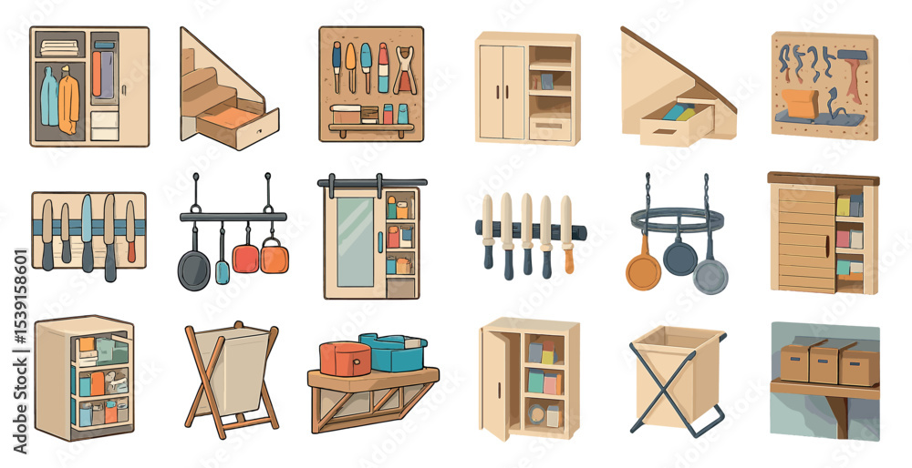 Poster home organization icons set – flat, storage, declutter and space-saving symbols