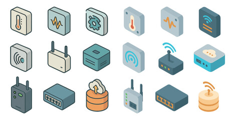Network and technology isometric icons set &ndash; flat, digital, connectivity symbols
