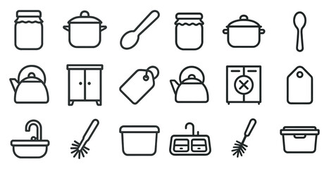 Fototapeta na wymiar Home kitchen line icons set – outline, flat, cooking and culinary symbols