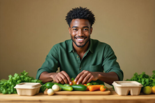 A smiling young Black man in a green shirt poses behind a wooden cutting board filled with fresh vegetables and herbs, conveying a sense of healthy living and culinary enthusiasm.