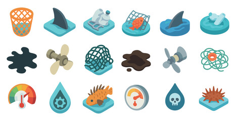 Obraz premium Environmental pollution icons set – isometric, waste, recycling and sustainability symbols