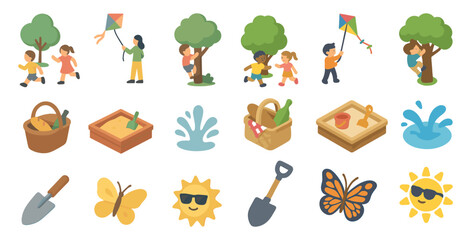 Outdoor activities flat icons set – silhouette, filled, playground and nature symbols