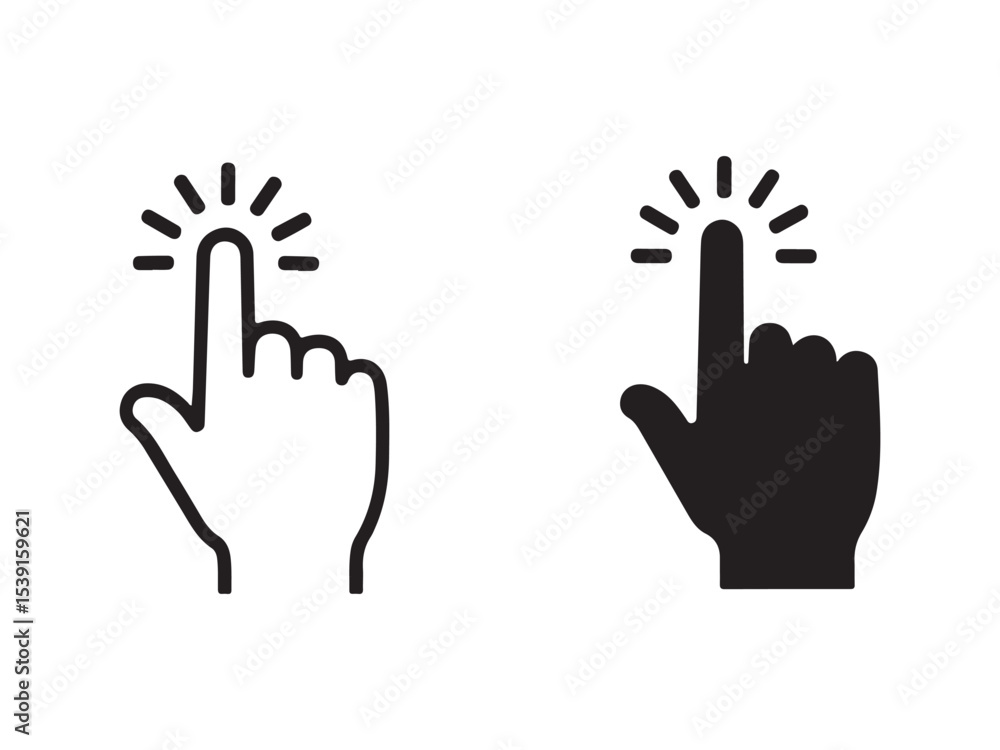 Poster hand cursor icon clicking with sound effect lines.
