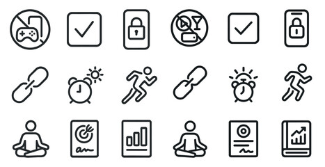 Productivity linear icons set – outline, task management, efficiency symbols