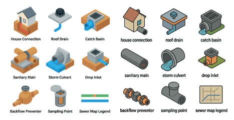 Plumbing and drainage isometric icons set – construction, utilities, infrastructure symbols