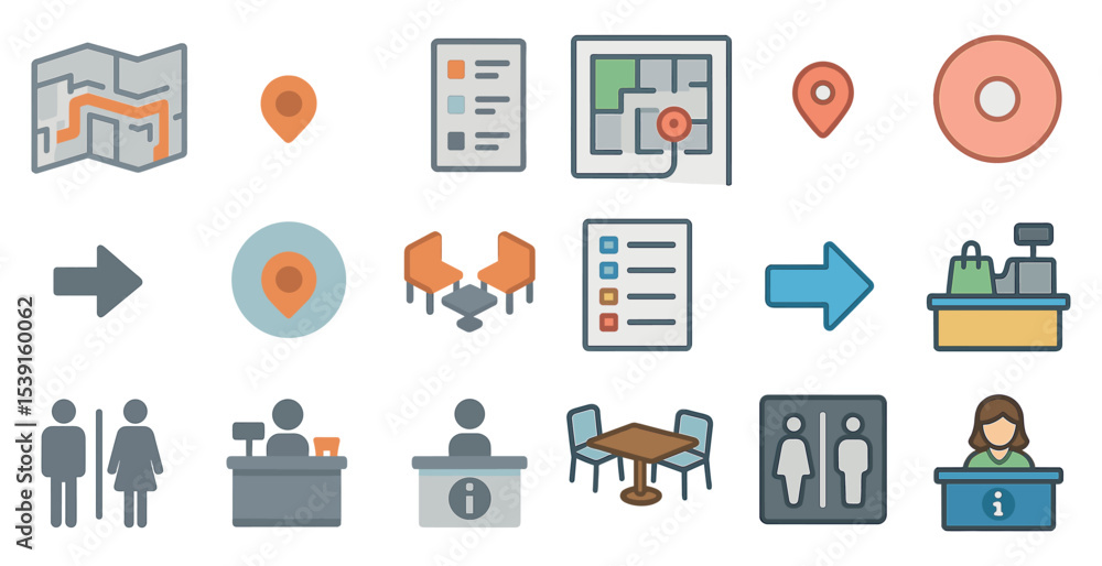 Poster map and navigation icons set in outline style – guide, location, directional symbols