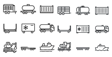 Transportation and haulage outline icons set – linear, logistics, cargo symbols