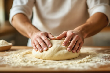 Fototapeta premium A bakers hands gently knead a ball of dough on a wooden surface, dusted with flour.
