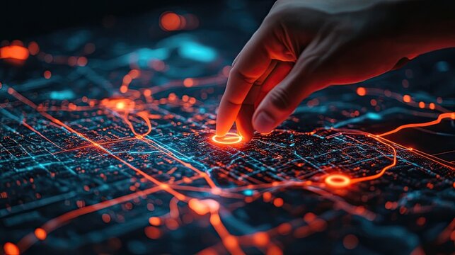 Digital concept of a hand setting a location on a map with AI GPS, symbolizing the future of navigation, logistics, and transportation, driven by innovative digital technology.