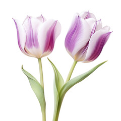 Two beautiful tulips in white and purple against a black background close up