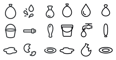Water and liquid line icons set – outline, fluid, hydration and leak symbols