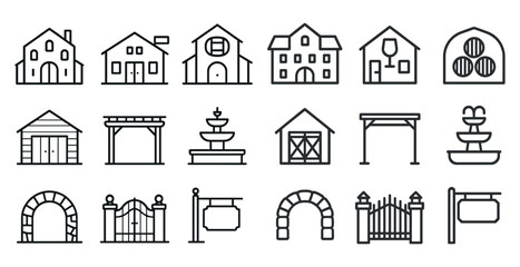 Fototapeta premium Architecture and buildings line icons set – outline, linear, construction visuals