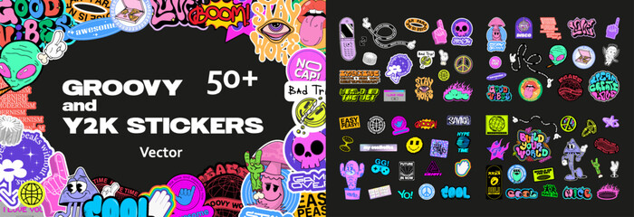 Playful retro Y2K stickers, lettering quotes, groovy cartoon characters. Colorful retro labels, 00s and 90s aesthetics. Lettering groovy, funny characters, elements. Vector graphic set Y2K stickers.