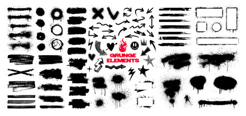 Obraz na płótnie Canvas Decorative grunge set with brush lines, strokes, highlighters, graffiti spray stains, splatter marks, dirty texture, sketch, arrows and doodles. Callouts grunge with splashes. Vector graphic box