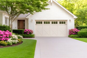 White modern house with pink and white flowers, Clean driveway, Beautiful garden landscaping, Residential property, Contemporary curb appeal, Bright summer day, Copy space

